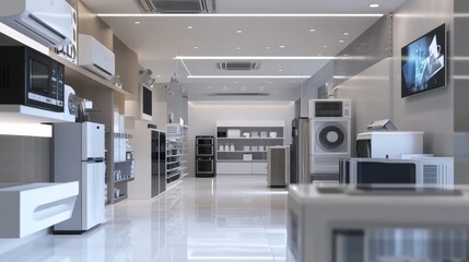 A high-resolution image of a home appliance showroom with various products on display, including air conditioners, microwaves, and refrigerators, emphasizing variety and choice.
