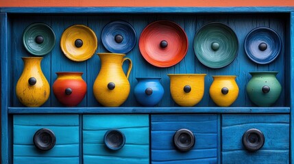 Fototapeta premium Colorful ceramic pots and bowls arranged on a vibrant blue shelf, showcasing a mix of shapes and colors for artistic appeal.