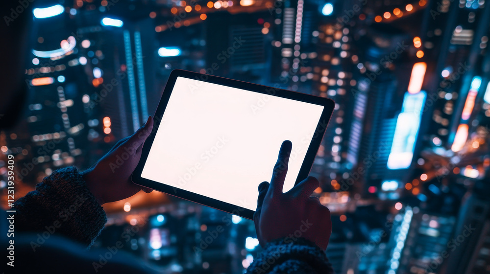 Poster two hands hold tablet computer with blank screen. man using digital device, ebook or gadget, pointin