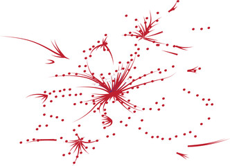 Abstract design of multiple red flower-like shapes with white accents and dots against a black background.