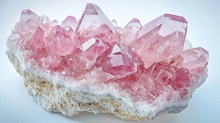 A cluster of pink crystals perched atop a rocky outcropping