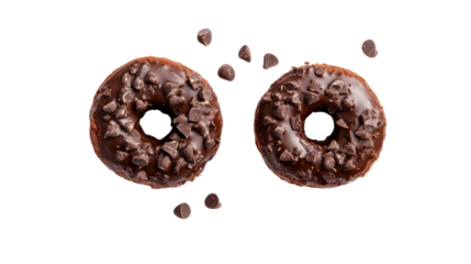 Two chocolate donuts covered with chocolate chips falling on transparent background