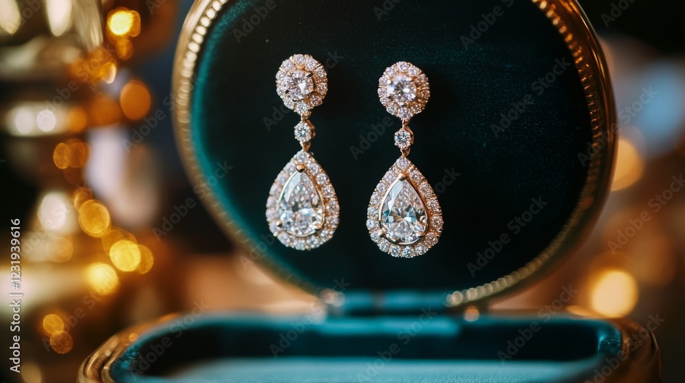 Poster a high-resolution image of a pair of sophisticated diamond drop earrings hanging from a luxurious ve