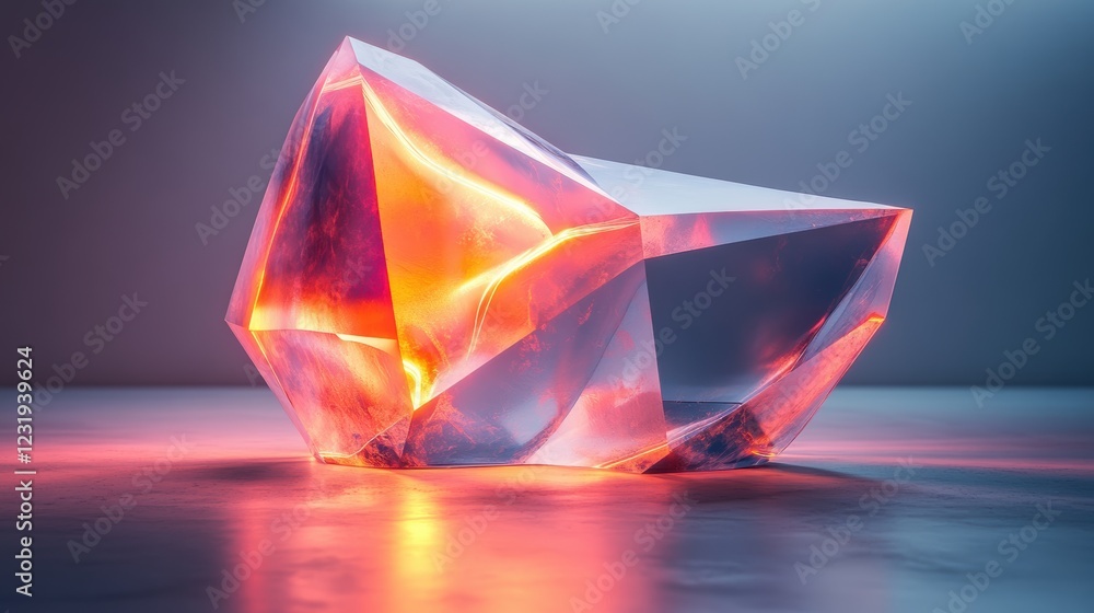 Poster a stunning geometric crystal reflecting vibrant colors, creating an ethereal glow on a smooth surfac