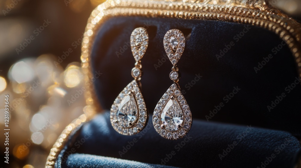 Poster a high-resolution image of a pair of sophisticated diamond drop earrings hanging from a luxurious ve
