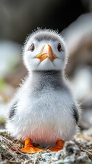 Fototapeta premium HD Phone Wallpaper Adorable Puffin Chick Portrait Close up of a Fluffy Baby Seabird in its Nest