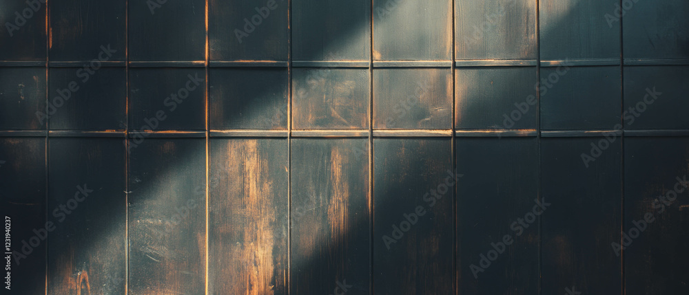 Poster window reflections creating texture on natural wooden surface against dark backdrop