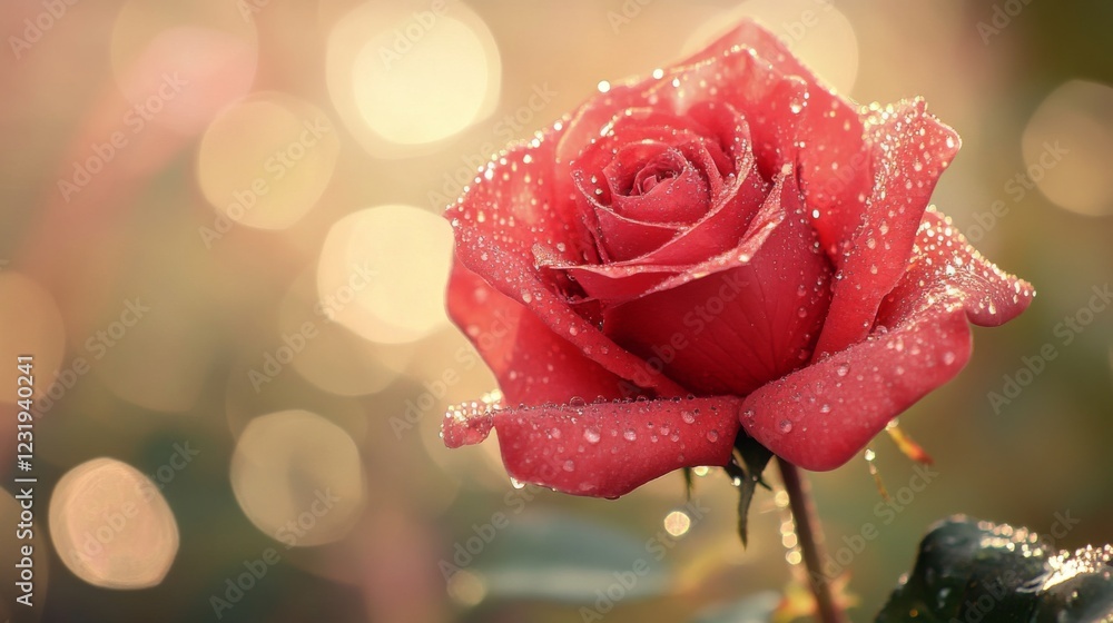 Poster A high-resolution image of a single blooming rose with tiny water droplets on its petals, creating a fresh and elegant look against a soft focus backdrop.
