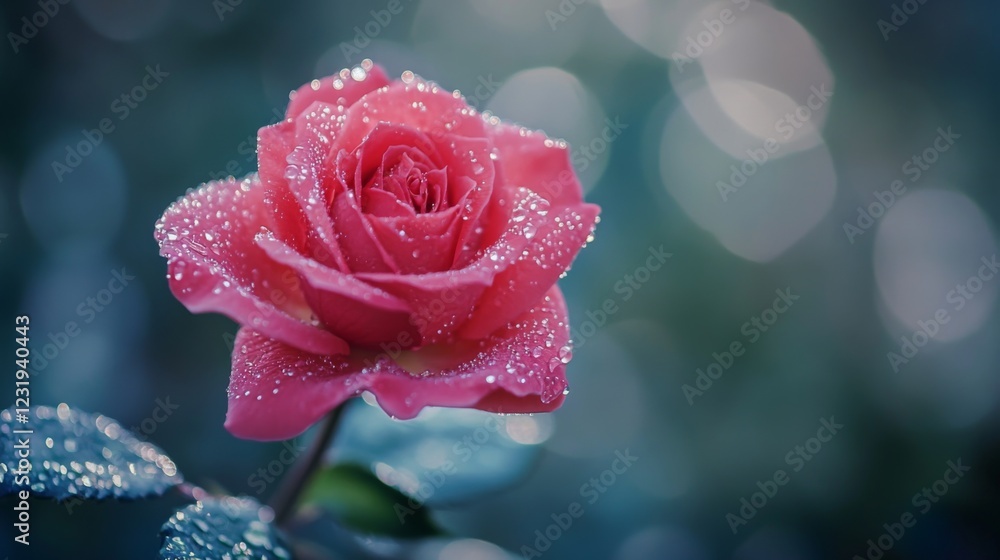 Aufkleber A high-resolution image of a single blooming rose with tiny water droplets on its petals, creating a fresh and elegant look against a soft focus backdrop.