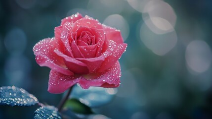 A high-resolution image of a single blooming rose with tiny water droplets on its petals, creating a fresh and elegant look against a soft focus backdrop.