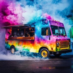 Colorful Food Truck Surrounded by Vibrant Smoke in Urban Setting
