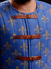 Historical fashion. Medieval knight cloth. Padded jacket gambeson.
