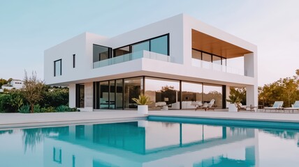 A modern, minimalist villa with large glass windows and a pool, surrounded by greenery, showcasing contemporary architecture and luxury living.