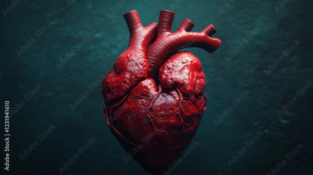 Poster A highly detailed D rendering of a human heart with visible arteries and veins, set against a dark background, emphasizing its complex structure