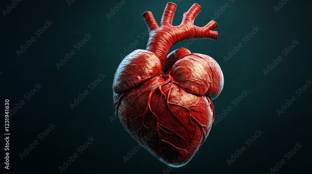 Poster A highly detailed D rendering of a human heart with visible arteries and veins, set against a dark background, emphasizing its complex structure