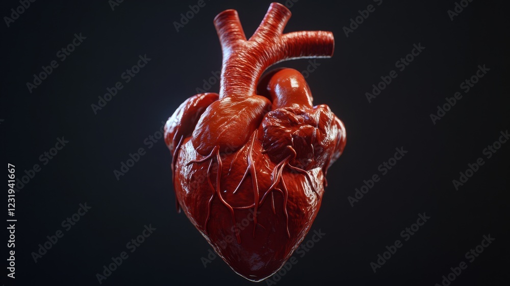 Poster A highly detailed D rendering of a human heart with visible arteries and veins, set against a dark background, emphasizing its complex structure