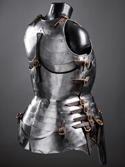 A close-up of medieval-style plate armor equipped on a black mannequin, showing  reflective metal craftsmanship, perfect for historical reenactments, decorations, or as collector's items.