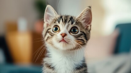 A curious kitten gazes upward, showcasing its striking eyes and playful demeanor in a cozy indoor setting.