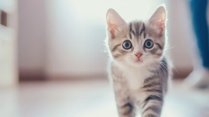 A curious kitten with striking blue eyes walks towards the camera in a bright, inviting space.
