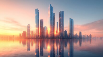 Fototapeta premium A stunning skyline at sunset featuring modern skyscrapers reflecting in the calm water, encapsulating urban beauty and architectural innovation.