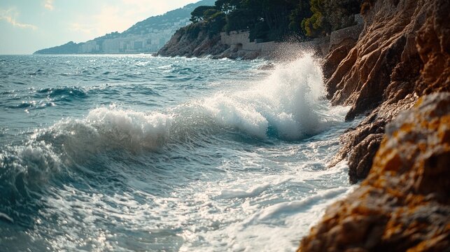 Crashing waves against a rocky shoreline on a sunny day - Powered by Adobe