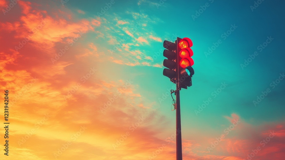 Poster a low-angle shot of a traffic light against a vibrant sunset sky, with the light casting long shadow