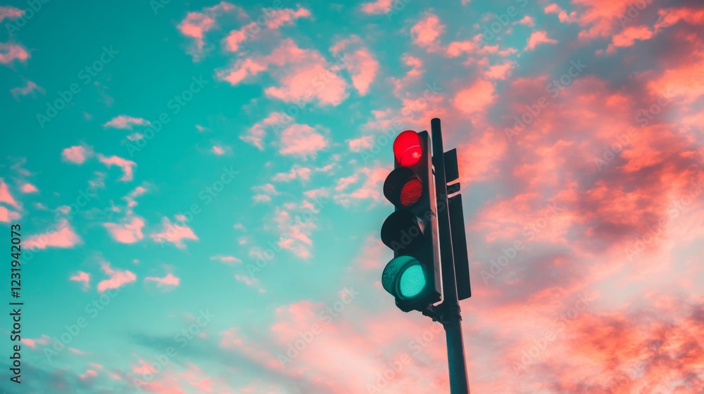 Poster a low-angle shot of a traffic light against a vibrant sunset sky, with the light casting long shadow