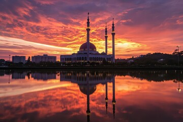 Obraz premium a modern mosque silhouetted against a dramatic orange and purple sunset sky, with graceful minarets piercing the clouds