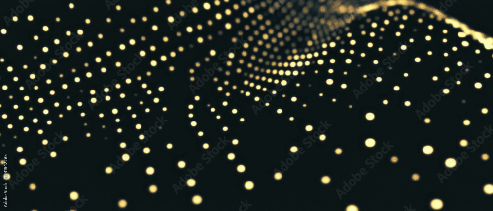 Poster unique dot texture pattern creating a digital, retro gaming feel on a black background