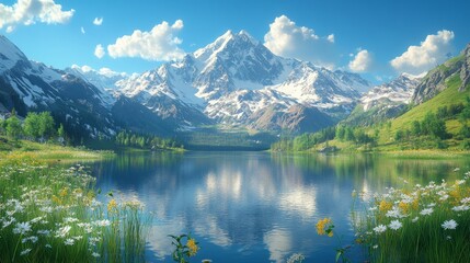 Fototapeta premium Serene Alpine Lake with Snow-Capped Peaks and Wildflowers