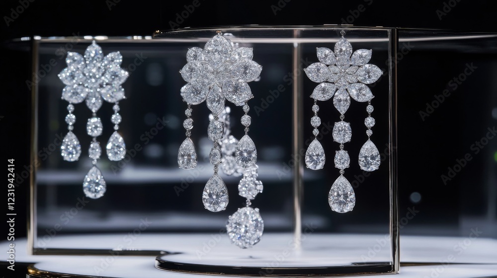 Poster a luxurious display of dangling diamond earrings arranged elegantly on a mirrored surface, reflectin