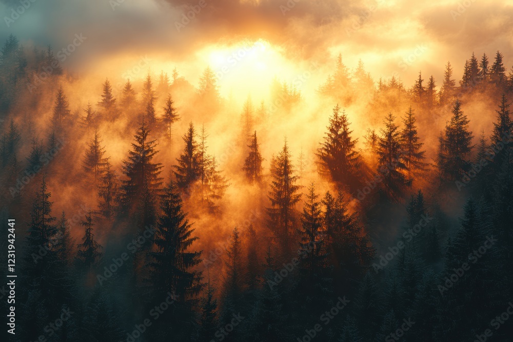 Poster a stunning view of a forest illuminated by the golden light of sunrise, with mist encircling tall ev