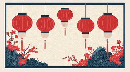 Vibrant Chinese Lanterns on Ornamental Asian Background Pattern for Festive Decor and Design Elements