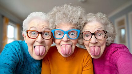 Senior women selfie, playful tongues, home interior, friendship