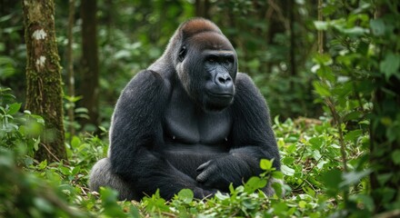 Naklejka premium a critically endangered Cross River gorilla sitting in a lush green forest.