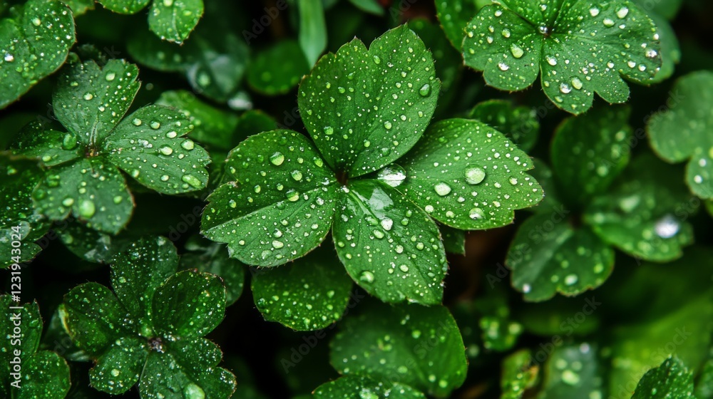 Poster a macro shot of a cluster of leaves with dew drops on a wet garden bed, emphasizing the freshness an