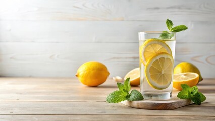 Fototapeta premium Refreshing Lemon and Mint Infused Water in a Glass on Wooden Surface