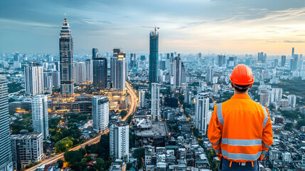 Naklejka premium Engineer overlooking cityscape at sunset; urban development