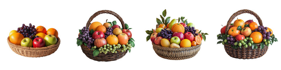 set of A basket of fresh apples, oranges and grapes, A fruit basket of apples, oranges and, grapes, A basket filled with fresh apples, oranges and grapes, on a transparent backgrounds