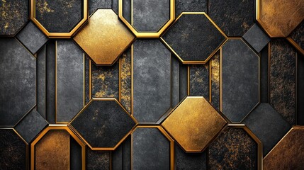 Gold, black, metallic octagons wall texture background design