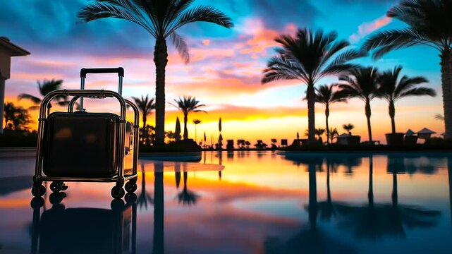 The opulent silhouette of a brass luggage caddy gleams under the vibrant colors of a summer sunset, set against the grandeur of a five-star luxury resort hotel, with palm trees swa