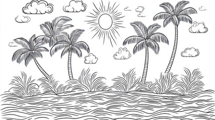 Tropical beach scene, palm trees, sunny sky, ocean waves, travel poster