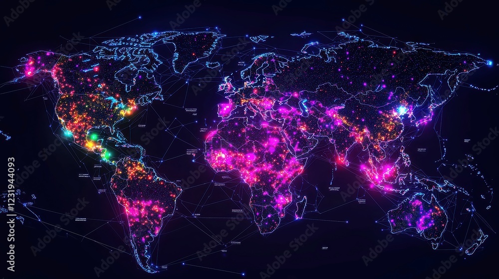 Poster global data center network, illustrating key cloud computing locations and server farms across the w