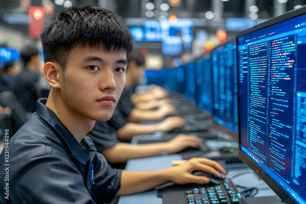 Poster young programmer coding, office background