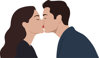 Minimalist illustration of a white young couple kissing, isolated on white background
