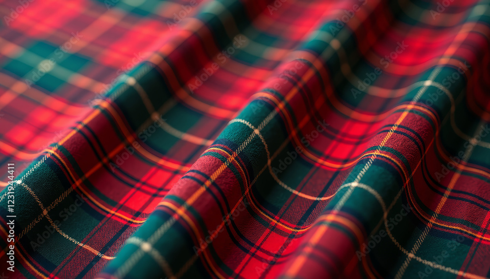Poster crumpled tartan fabric with red and green checkered pattern showcasing texture