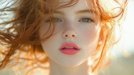 Fototapeta premium Stunning Portrait of Young Redhead Woman with Freckles and Soft Makeup