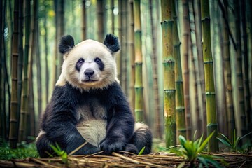 Obraz premium Serene black and white: a panda's peaceful gaze amidst bamboo. Minimalist wildlife photography.