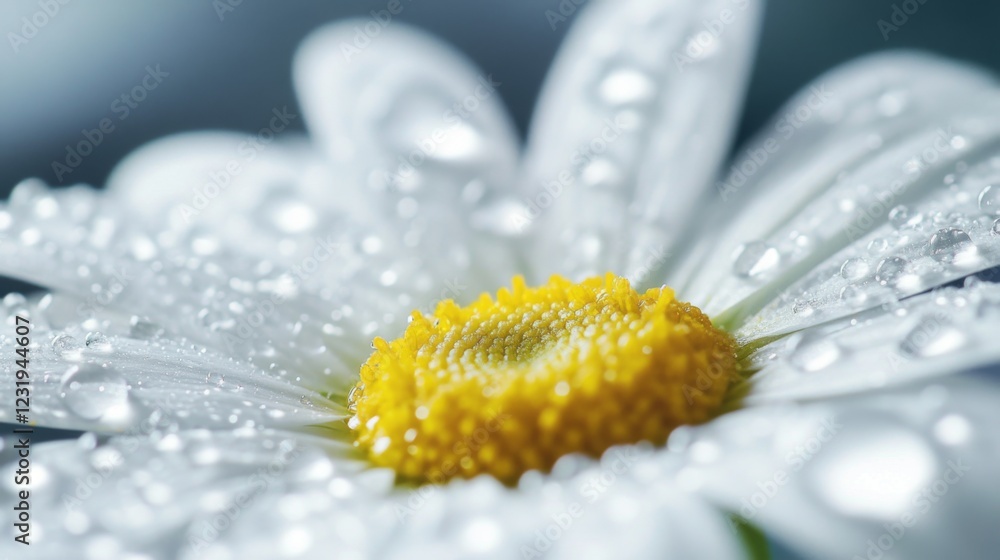 Poster a macro shot of a daisy with dew drops on its white petals, capturing the intricate details of the w