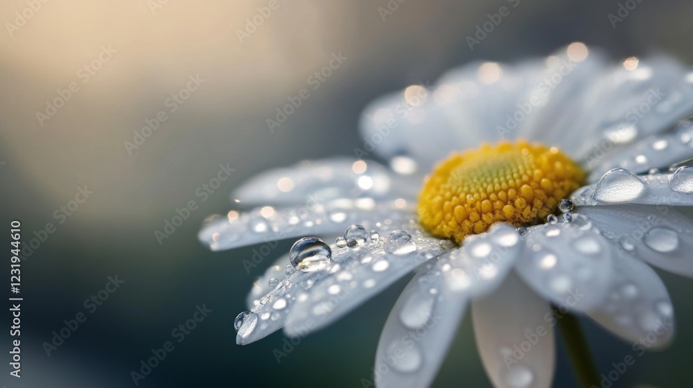 Poster a macro shot of a daisy with dew drops on its white petals, capturing the intricate details of the w